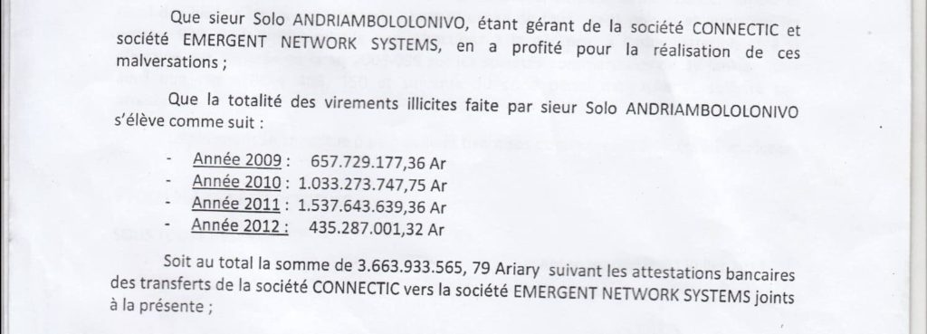 RANARISON Tsilavo dépose une plainte pour abus de biens sociaux d’un montant de 3.663.933.565,79 ariary équivalent de 1.042.067 euros à l’encontre de son patron Solo
